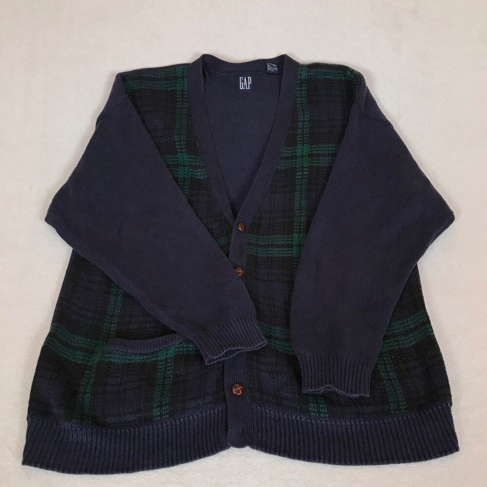 Vintage 90s Gap Green Blue Plaid Chunky Knit Button Cardigan Sweater XL